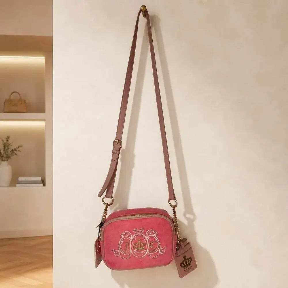 Juicy Couture Lovers Club Camera Crossbody Pink Velour Purse with Card Holder